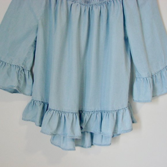 Ruffled Chambray Blouse Top Light Blue Boho Peasant Off Shoulder Size Small - Picture 11 of 14